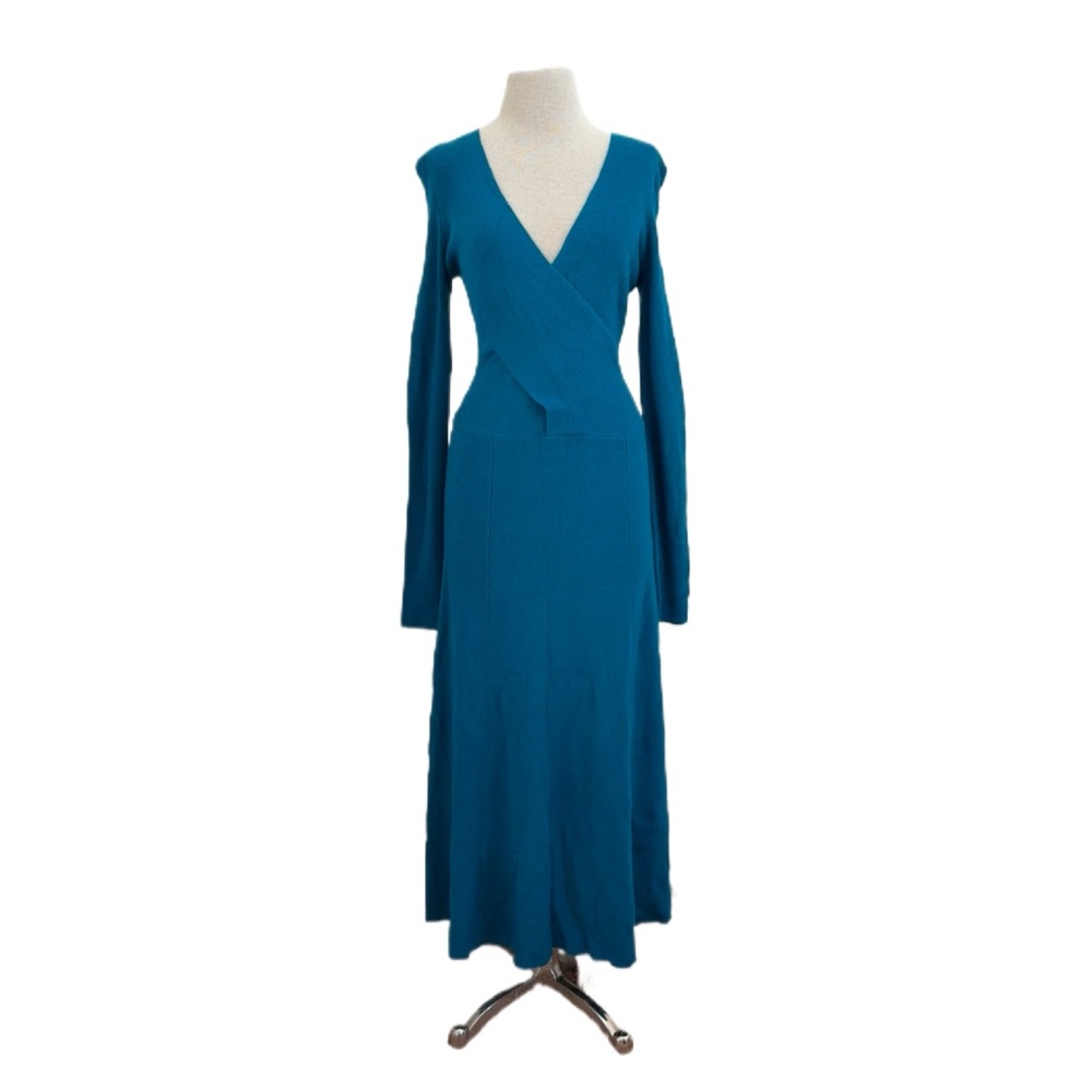Tome Runway Teal Ribbed Merino Wool V Neck Long Sleeve Maxi Dress Size Medium